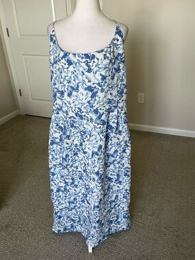 Like New Quince 100% European Linen Blue & White Floral Midi Dress Size XL